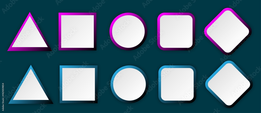 Poster button set of geometric shape | 3d button shape abstract design with glow metallic neon | modern pre