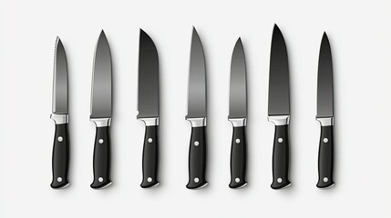 A set of seven kitchen knives of varying sizes arranged neatly on a clean white background, showcasing their sleek designs and sharp blades, ideal for culinary use and kitchen decor