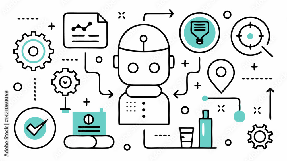 Poster editable line icons illustrating process automation for industries focused on efficiency and modern 