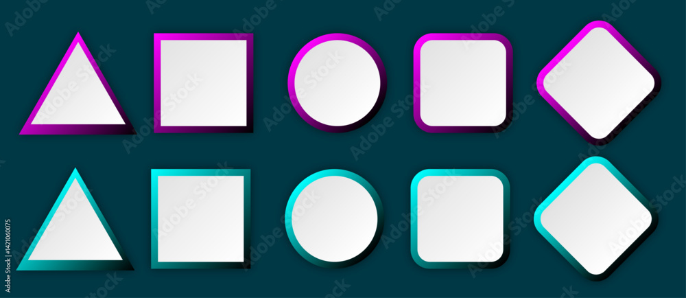 Poster button set of geometric shape | 3d button shape abstract design with glow metallic neon | modern pre