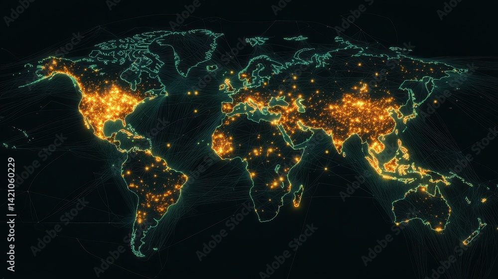 Poster glowing world map showing global connections on a dark background. use to illustrate globalization, 