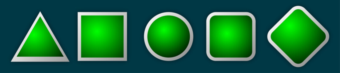 Button set of geometric shape | 3d circle shape abstract design with glow metallic neon | Modern presentation icon set for banner, flyer, texture, futuristic, signal design with green blue color