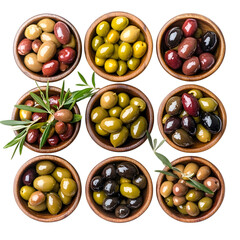 Assorted Olives in Wooden Bowls: A Delicious Variety of Green, Black, and Kalamata Olives on white background