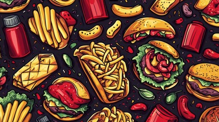 Naklejka premium Pattern features various fast food items on a dark background