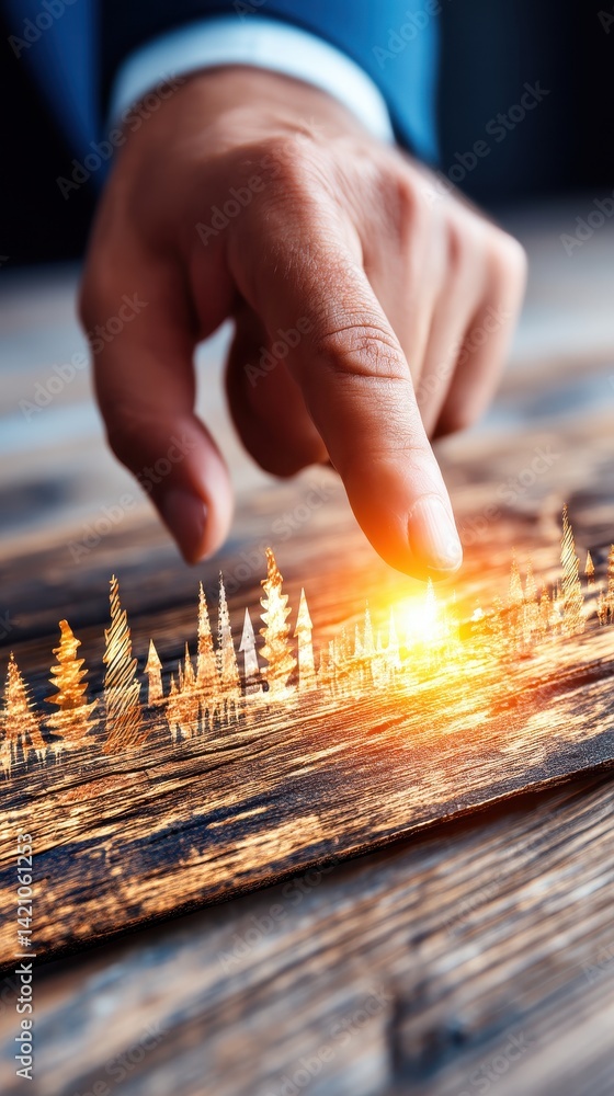 Poster hand pointing towards eco-friendly workplace concept in realistic scene with trees and natural eleme