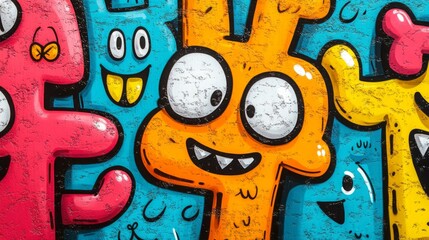 Obraz premium Colorful cartoon monster characters form an artful graffiti background