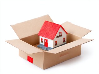 Model house inside a cardboard box, real estate concept isolated on white background