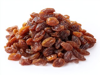 Obraz premium Heap of dried brown raisins, a healthy snack, isolated on white background