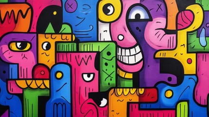 Fototapeta premium Colorful cartoon characters create an abstract playful and vibrant composition