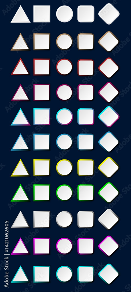 Poster button set of geometric shape | 3d button shape abstract design with glow metallic neon | modern pre