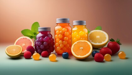 Colorful Candy Jars with Fresh Fruits on Gradient Background