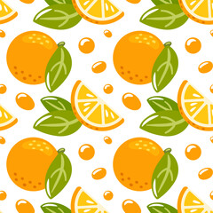 seamless vector pattern features vibrant oranges, bright background. The playful design showcases whole oranges and slices, making it perfect for packaging, textiles, and summer-themed projects.