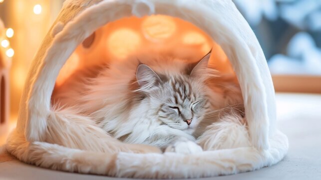 A fluffy white cat resting inside a cozy cat igloo looking warm and content overlay cut out on isolated transparent removed background