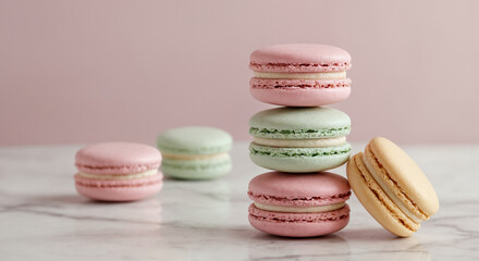 Obraz premium Stack of pastel French macarons on marble surface under soft lighting