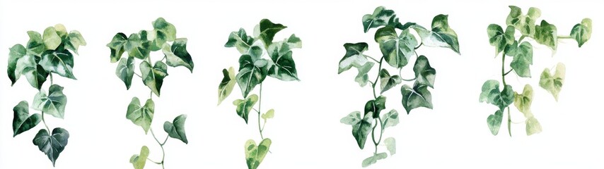 Four watercolor ivy plants with varied shades of green and cream