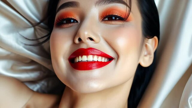 Beautiful Asian woman with red lips and glamorous makeup lying on white silk fabric