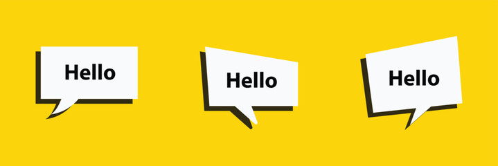 Hello welcome tag. Chat speech bubbles set. Hi invitation offer. Formal greetings message. Hello talk speech message. Talk box infographics. Vector . © Micro Pixel Market