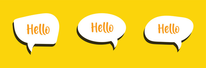 Hello welcome tag. Chat speech bubbles set. Hi invitation offer. Formal greetings message. Hello talk speech message. Talk box infographics. Vector . © Micro Pixel Market