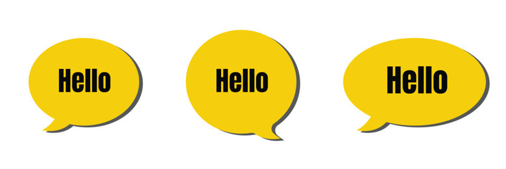 Hello welcome tag. Chat speech bubbles set. Hi invitation offer. Formal greetings message. Hello talk speech message. Talk box infographics. Vector .