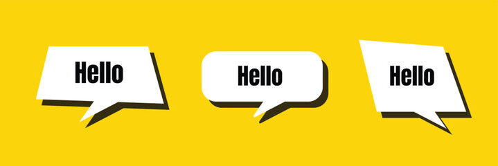 Hello welcome tag. Chat speech bubbles set. Hi invitation offer. Formal greetings message. Hello talk speech message. Talk box infographics. Vector . © Micro Pixel Market