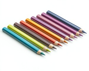 Fototapeta premium A vibrant array of colored pencils arranged in a diagonal line on a clean, white background, showcasing their vivid hues and sharpened tips, ideal for artistic projects or educational use