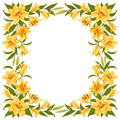 Floral frame with pattern of yellow tiger lily flowers and copy space. Lilies vignette. Border with daylily, flowers, leaves, buds isolated on white background. Vector illustration