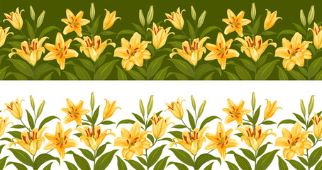 Horizontal seamless border with pattern of yellow tiger lily flowers, leaves and buds isolated on a white or green background. Cute floral botanical decoration. Vector illustration