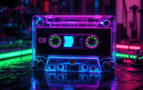 Neon Glowing Cassette Tape with 90s Retro Aesthetic and Music Nostalgia.