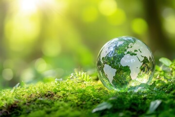 A glass globe rests on lush green moss in a sunlit forest. Use for environmental conservation, earth day, or sustainability concepts.