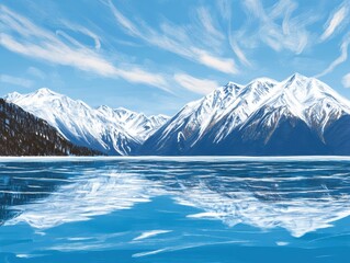 Winters Icy Reflection Snowcapped mountains mirror in a frozen lake