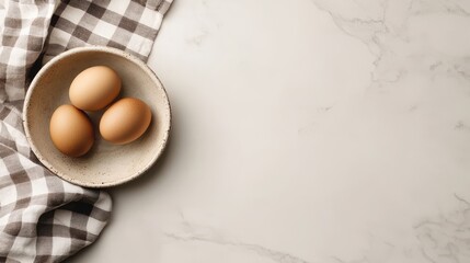 Culinary Trio: Three brown eggs nestle gracefully within a rustic bowl atop a pristine marbled surface. Paired with a checkered cloth, it evokes the warmth of the culinary world and simple pleasures.