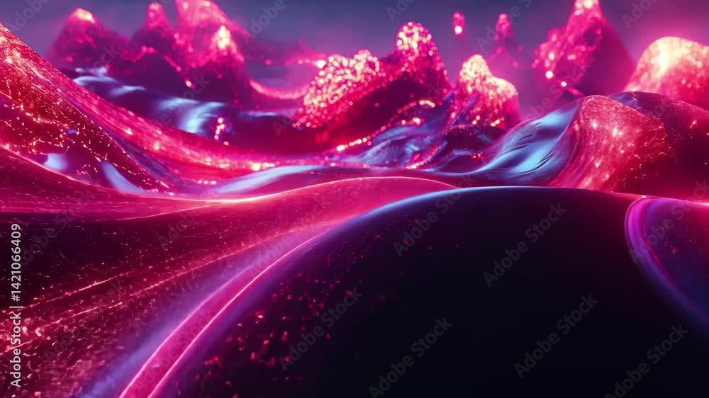 Poster Mesmerizing display of swirling red liquid shapes emitting a glowing light at twilight, multiple red glowing liquid shapes waving swirling and flowing smoothly