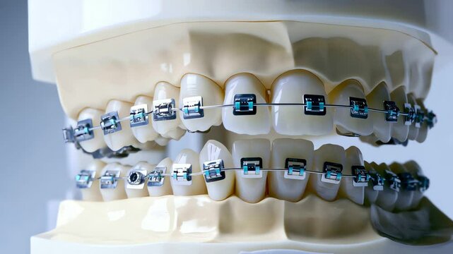 Macro shot closely focuses on orthodontic brackets and wires attached to teeth on dental model; smooth focus pull transitions between different brackets