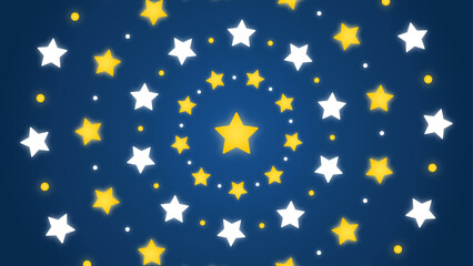 Abstract vector illustration featuring a mesmerizing spiral arrangement of yellow and white stars and dots on a deep blue background. Perfect for celestial, decorative, and pattern designs.