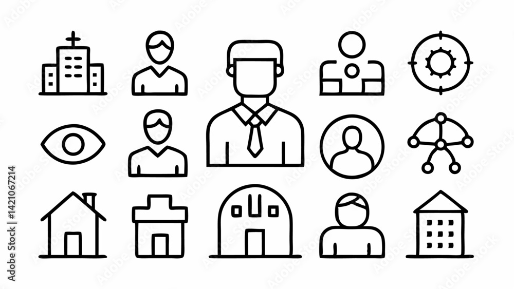 Poster clean vector line icons representing stakeholders and team management suitable for business infograp