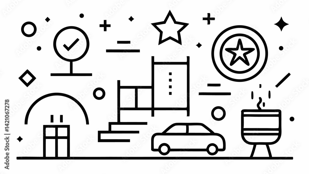 Poster vector star icons with editable strokes in a minimalist line design style representing ratings favor