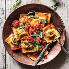 Delicious plate of ravioli with fresh tomato sauce and basil leaves