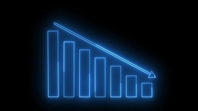Neon glowing business Arrow trend-down icon animation on a white background. Financial trend chart arrow.