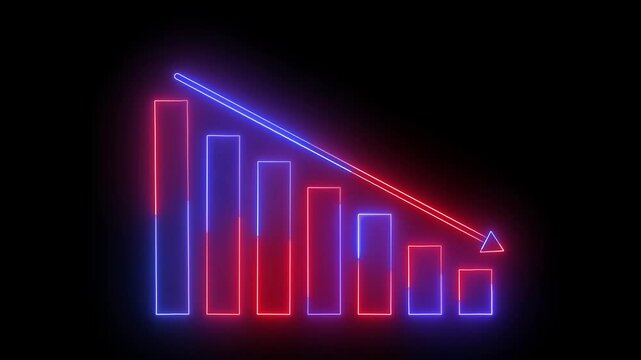 Neon glowing colorful business Arrow trend-down icon animation on a white background. Financial trend chart arrow.