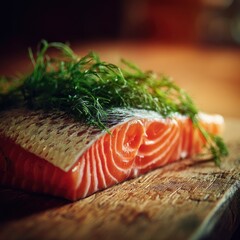 Fresh salmon fillet with dill on a rustic wooden board ready to cook