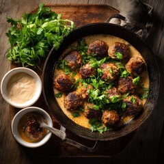 Overhead view of delectable meatballs in a pan with creamy sauce and herbs