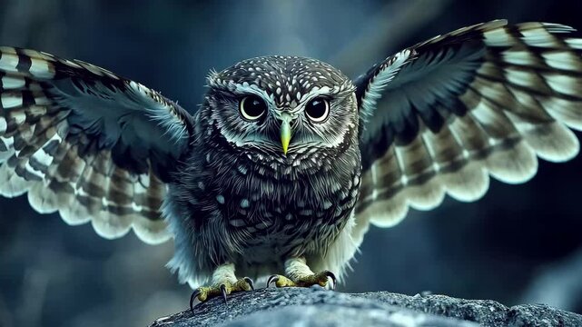 Beautiful little owl in the wild Athene noctua spreading its wings during twilight hours, Beautiful little owl in the wild Athene noctua Slow motion