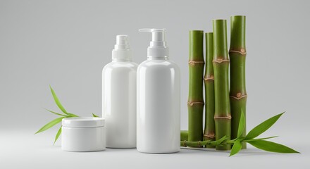 Blank Cosmetic Containers with Green Bamboo Stems and Leaves Product Mockup for Brand Display and Natural Aesthetic Promotion