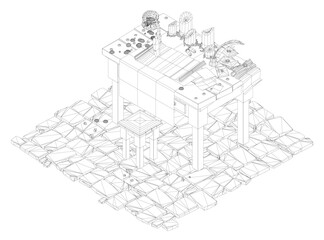 A table with a few items on it and a chair. The table is on a stone floor