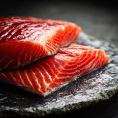 Two pieces of fresh salmon on a dark stone surface showcase rich color
