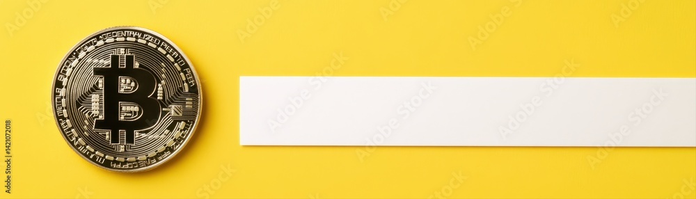 Poster a single silver bitcoin coin displayed on a bright yellow background with a blank white banner provi