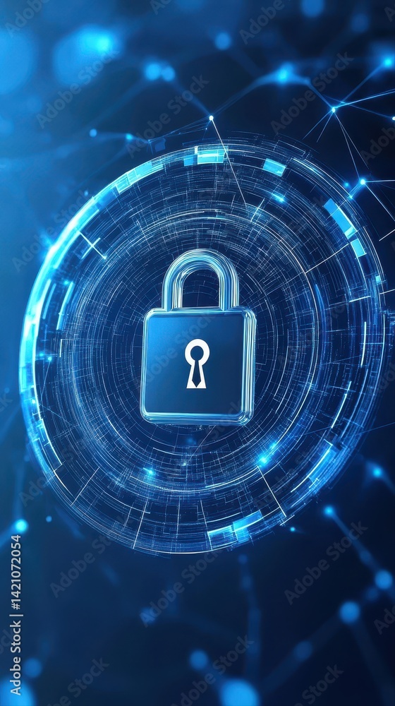 Poster a mesmerizing digital rende showcases a glowing blue padlock at the center of interconnected circuit