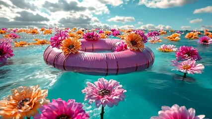 Floating inflatable ring among flowers in water; summer vacation scene; background of sky; ideal for a holiday advert
