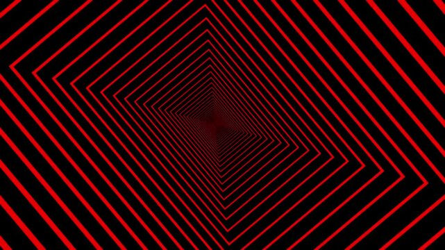 Red color rectangle tunnel Infinity flight inside Black and white animation on a black background.