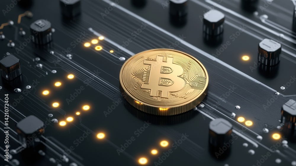 Poster golden bitcoin coin resting on a dark circuit board with glowing pathways creates a high tech financ